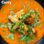 Overhead close-up Indian coconut milk chicken curry with tamarind and fresh coriander featuring a title overlay.