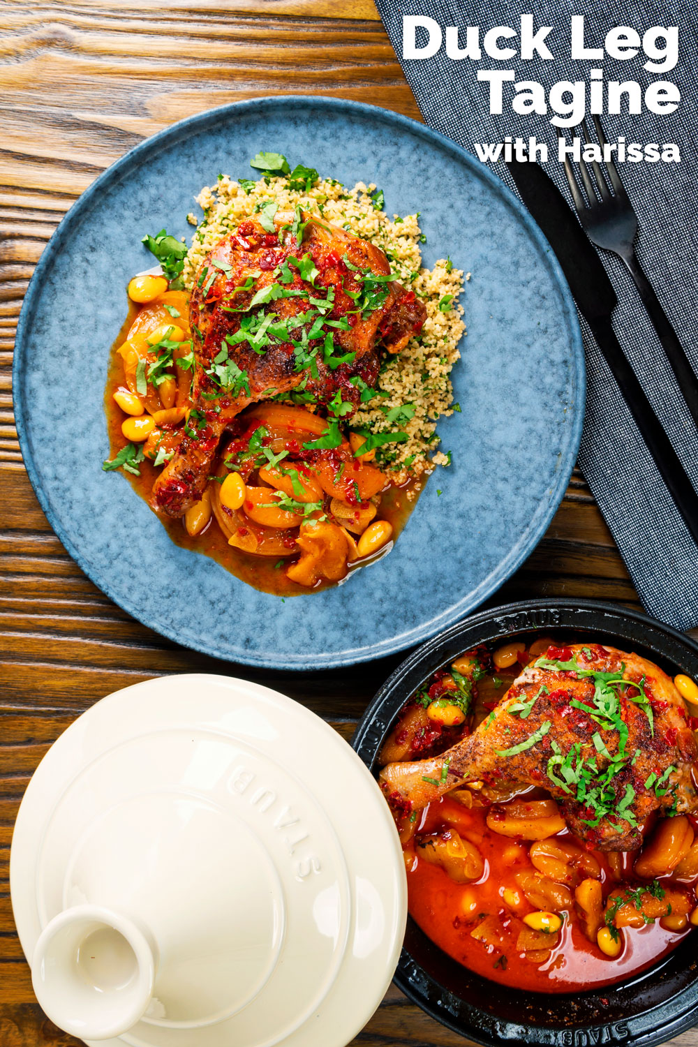 Duck Leg Tagine With Harissa, Apricots and Almonds Krumpli