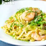 Prawn pesto pasta with linguine and fresh basil featuring a title overlay.