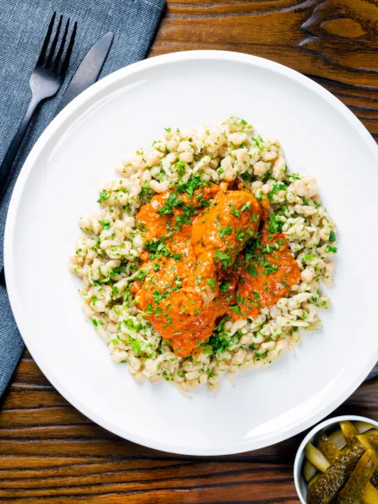 Overhead Hungarian chicken paprikash in a sour cream and paprika sauce with dumplings.