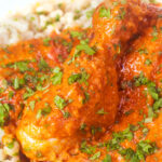 Close-up Hungarian chicken paprikash or csirkepaprik&aacute;s in a paprika sauce with nokedli.