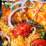Close-up Indian influenced one pot baked chicken legs and basmati rice featuring a title overlay.