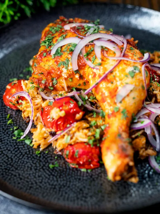 Indian influenced one pot baked chicken legs and basmati rice.