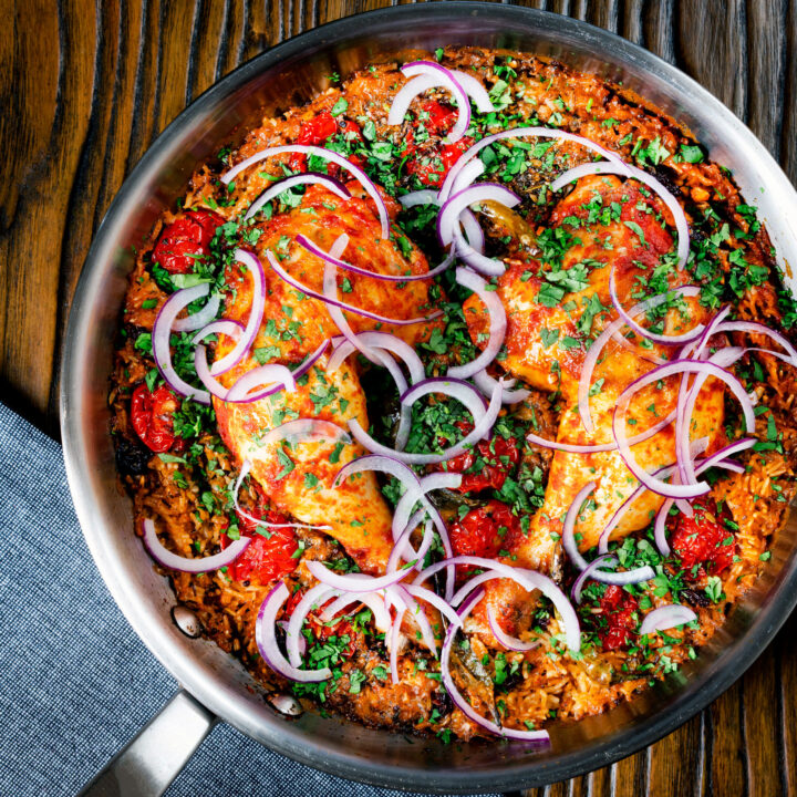 Indian-influenced baked one pot chicken legs and rice.