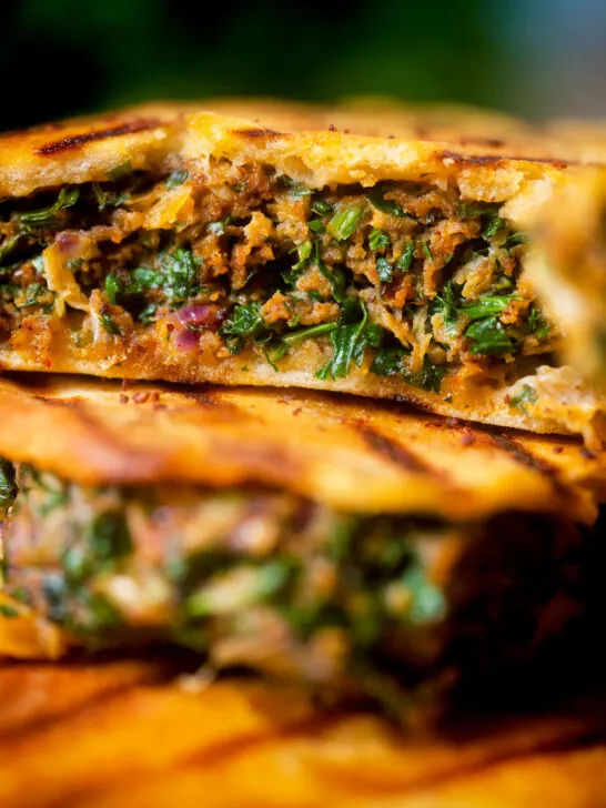 Close-up herby minced lamb stuffed and grilled pita breads.