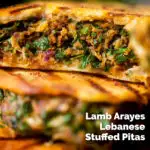 Close-up herby minced lamb stuffed and grilled pita breads featuring a title overlay.