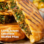 Close-up minced lamb meat arayes or stuffed pita breads featuring a title overlay.