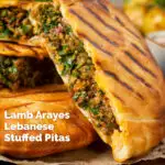 Close-up minced lamb meat arayes or stuffed pita breads featuring a title overlay.