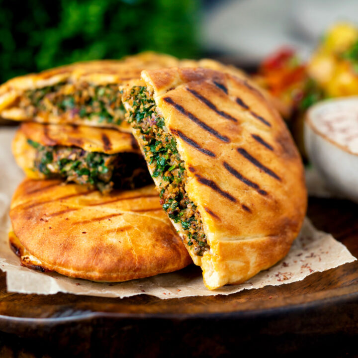 Lebanese minced lamb arayes stuffed pita breads.