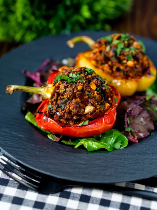 Minced lamb stuffed peppers with almonds and couscous.