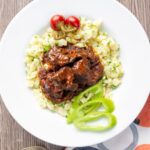 Overhead Hungarian marha porkolt beef stew with nokedli.