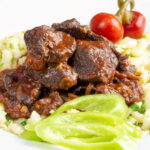 Hungarian marha porkolt beef stew with nokedli.