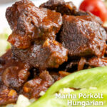 Close-up Hungarian marha porkolt beef stew with nokedli featuring a title overlay.