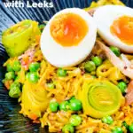 Easy smoked mackerel kedgeree with leeks, peas topped and a boiled egg featuring a title overlay.