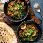 Overhead vegan spinach and mushroom Indian inspired curry served with naan bread featuring a title overlay.