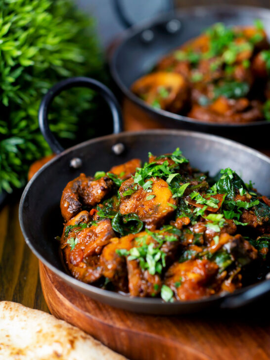 Vegan spinach (saag) and mushroom Indian inspired curry.