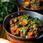 Vegan spinach (saag) and mushroom Indian inspired curry featuring a title overlay.