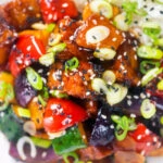 Overhead close-up vegan sweet and sour tofu with pineapple.