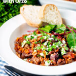 Greek baked youvetsi or giouvetsi with lamb and orzo in tomato sauce featuring a title overlay.