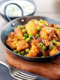 Aloo gobi matar an Indian potato, cauliflower and pea curry.