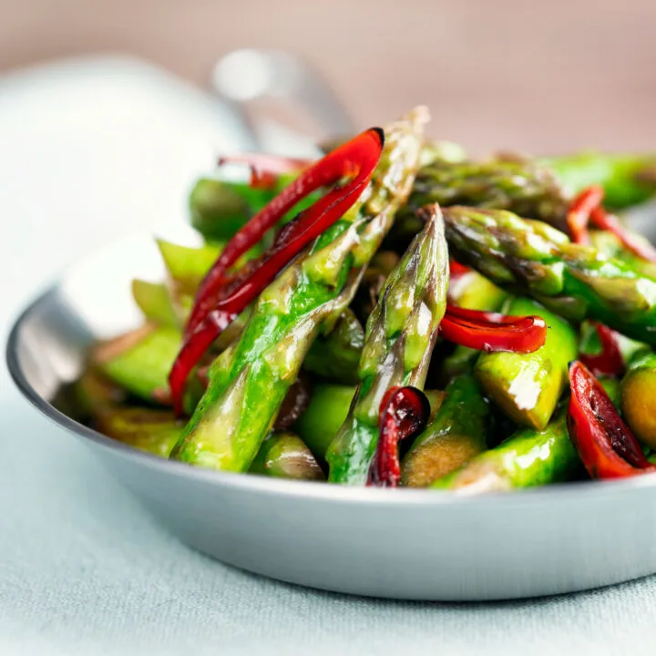 Quick and easy Asparagus stir fry with soy sauce, garlic and fresh chilli.