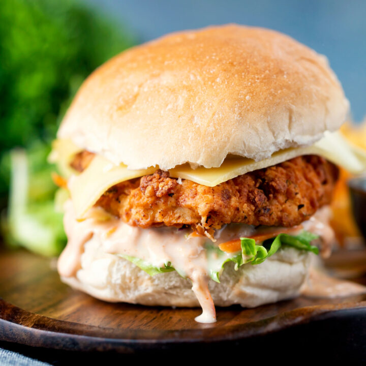 Crispy fried buttermilk chicken burger with a chicory slaw, chipotle mayonnaise and Swiss cheese.