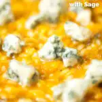 Close-up butternut squash and sage risotto served with Roquefort cheese featuring a title overlay.