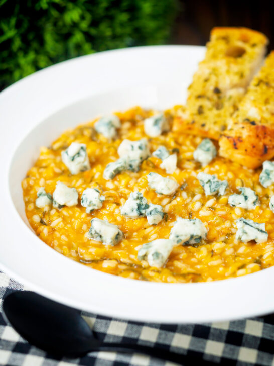 Roasted butternut squash and sage risotto served with Roquefort cheese.