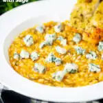 Roasted butternut squash and sage risotto served with Roquefort cheese featuring a title overlay.