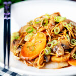 British Chinese takeaway style chicken chow mein noodle stir fry.