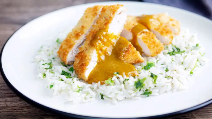 Homemade crispy chicken katsu curry served with rice.