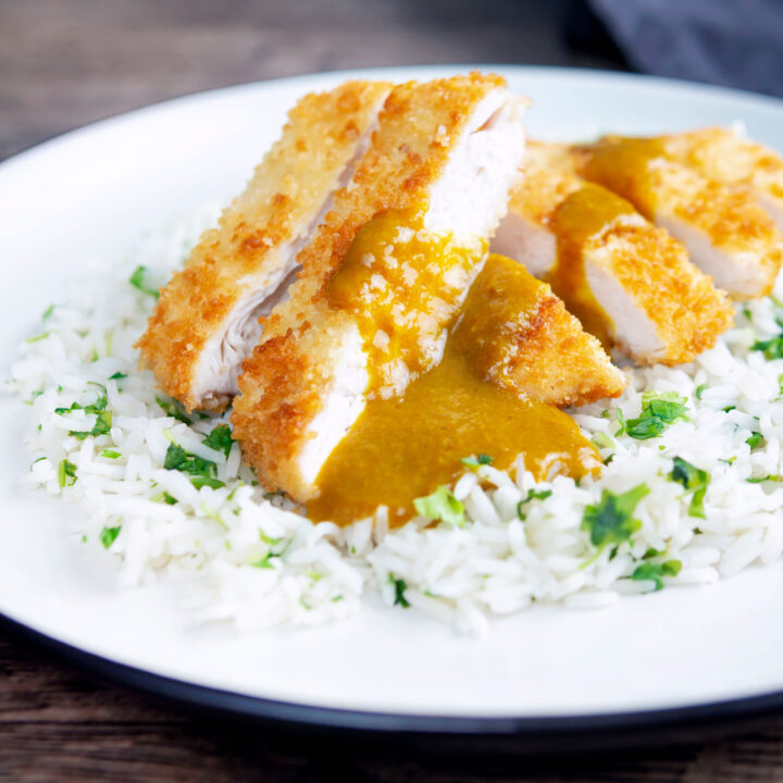 Homemade crispy chicken katsu curry served with rice.