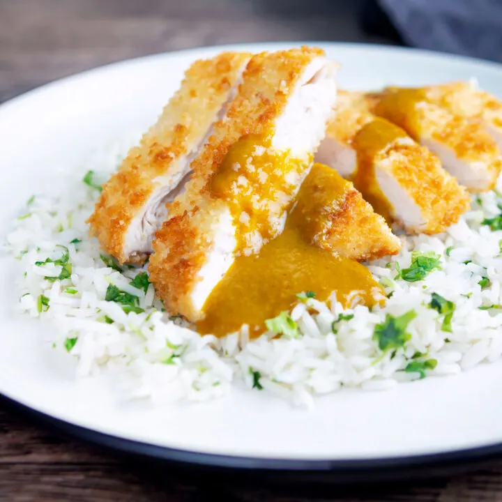 Homemade crispy chicken katsu curry served with rice.