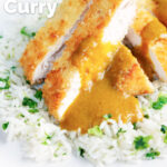 Crispy fried chicken katsu curry with homemade kare sauce served with rice featuring a title overlay.