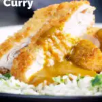 Close-up crispy fried chicken katsu curry with homemade kare sauce served with rice featuring a title overlay.