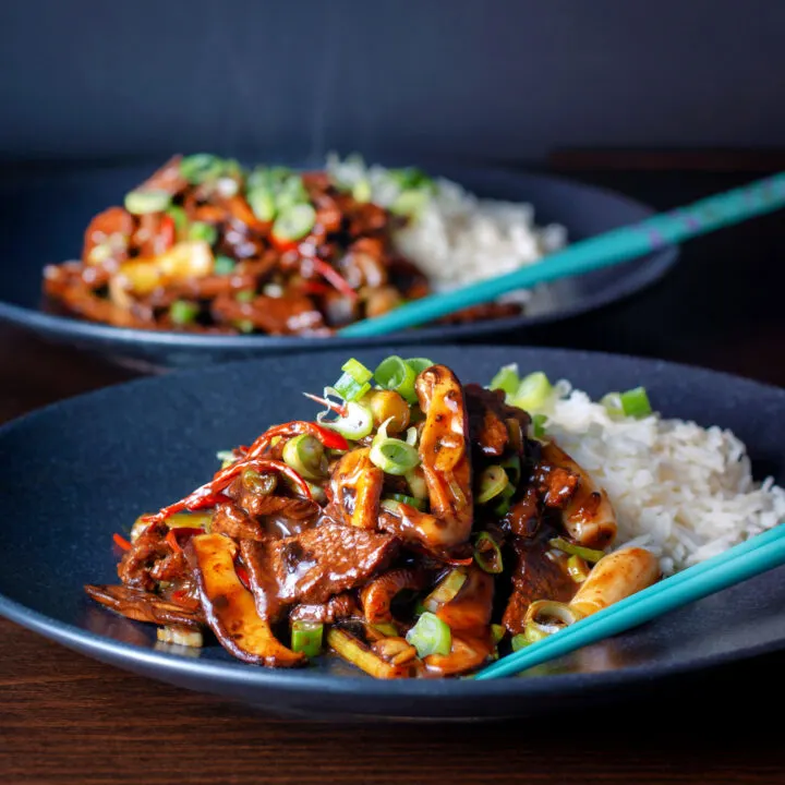 Chinese fakeaway style spicy beef and shiitake mushroom stir fry.