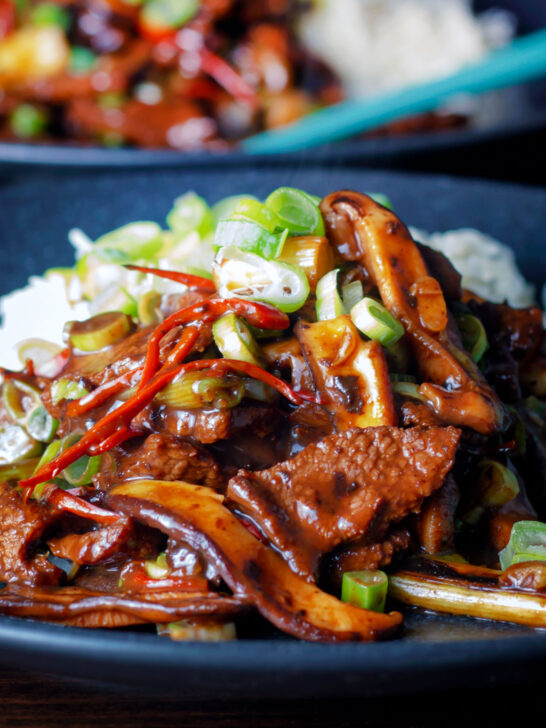 Close up Chinese beef and shiitake mushroom stir fry.