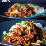 Chinese beef and shiitake mushroom stir fry featuring a title overlay.