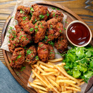 Super crispy and spicy fried buttermilk chicken wings served with fries, salad and BBQ sauce.