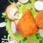 Overhead fried breaded goat cheese with sweet pea puree cut open showing the cheese featuring a title overlay.