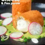 Fried breaded goat cheese with sweet pea puree cut open showing the semi melted cheese featuring a title overlay.