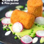 Fried crumbed goat cheese with sweet pea puree, radishes and spring onions featuring a title overlay.