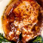 Overhead close-up thick cut honey mustard pork chops with roasted tenderstem broccoli and mashed potato featuring a title overlay.