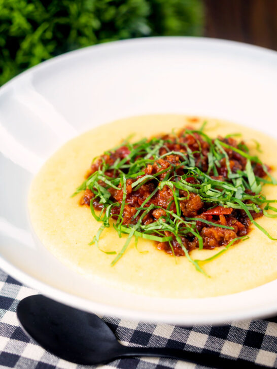 Sausage ragu made with Italian sausages and tomatoes served with polenta.