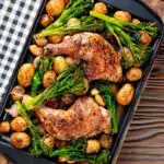 Overhead chicken leg tray bake with preserved lemon, shallot, potato, garlic and broccoli featuring a title overlay.