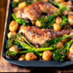 Chicken leg tray bake with preserved lemon, shallot, potato, garlic and broccoli.