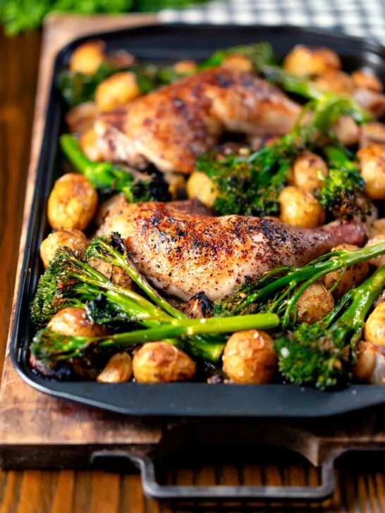 Chicken leg tray bake with preserved lemon, shallot, potato, garlic and broccoli.