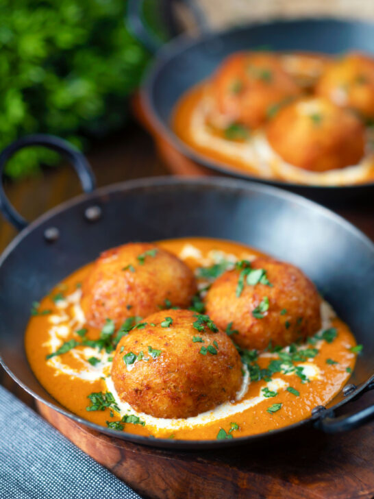 Malai kofta, vegetarian paneer and potato "meatball" curry.