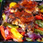 Pork chop traybake with peppers and onions cooked in red wine vinegar and honey featuring a title overlay.