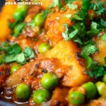 Close-up Indian aloo mutter curry with potatoes and peas featuring a title overlay.